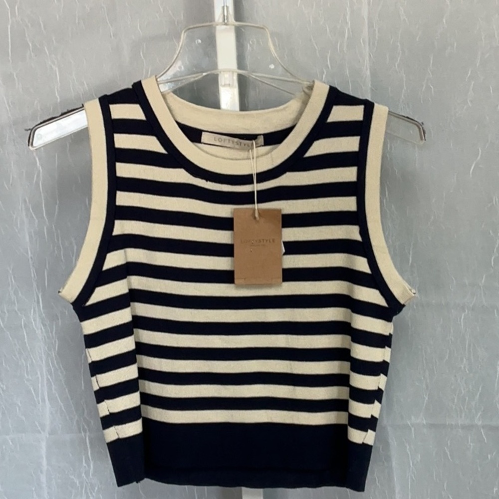 LOFTY STYLE  Navy Blue and Tan
 Ribbed Crop Tank Top. Nautical Heritage Core